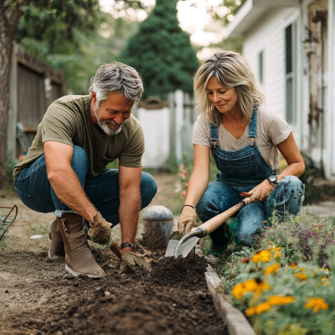 Empty nester couple doing yardwork after downsizing in Germantown TN