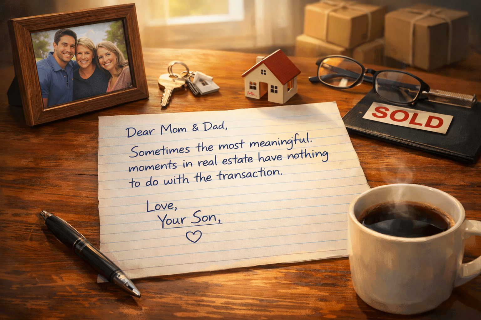 A handwritten letter on a wooden table beside family photos, house keys, and a small home figurine, reflecting the emotional meaning of home beyond a real estate transaction.