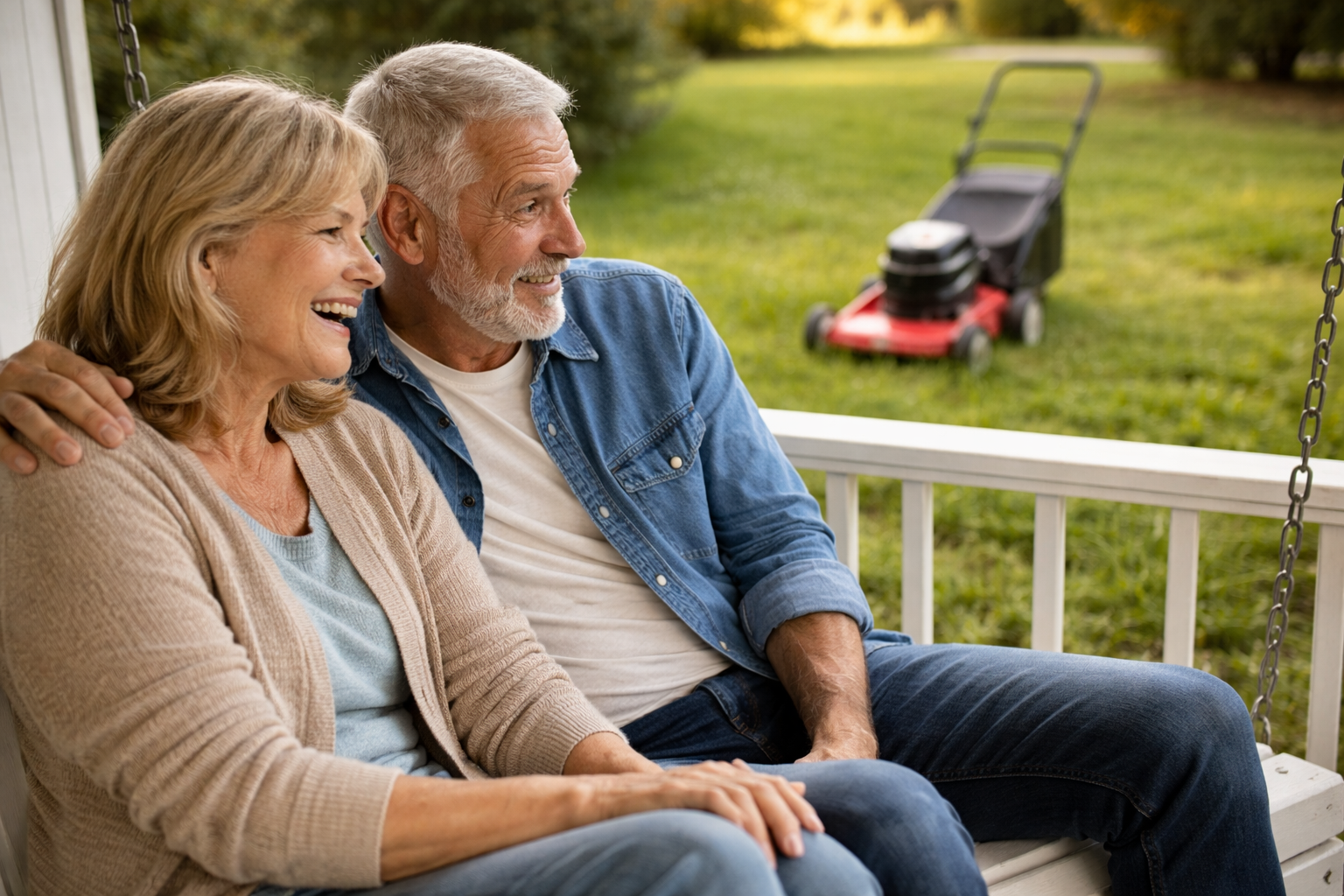 Older couple sitting on a porch swing, smiling while looking at a lawn mower in the yard