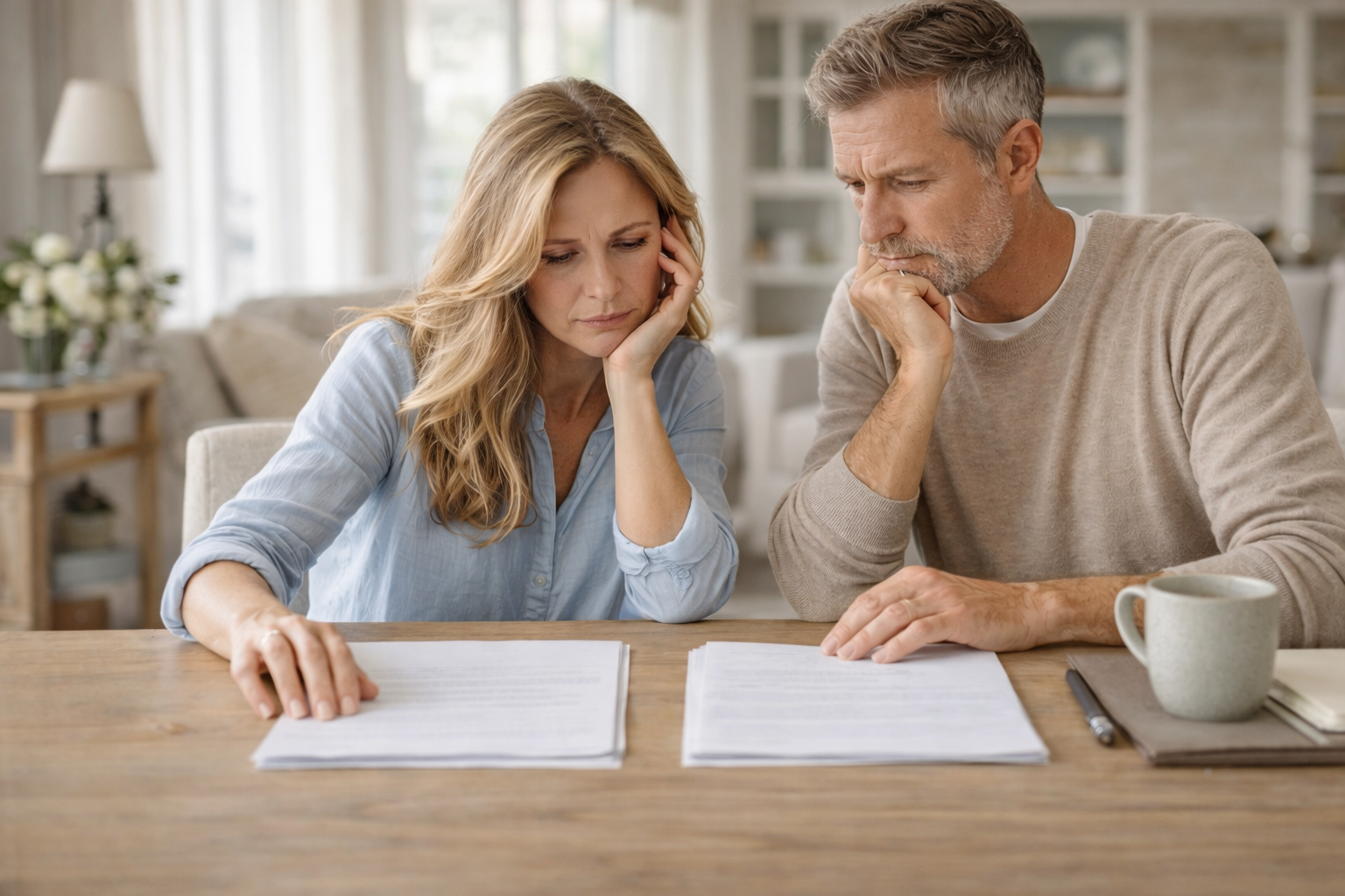 Couple sitting at a table reviewing documents together at home