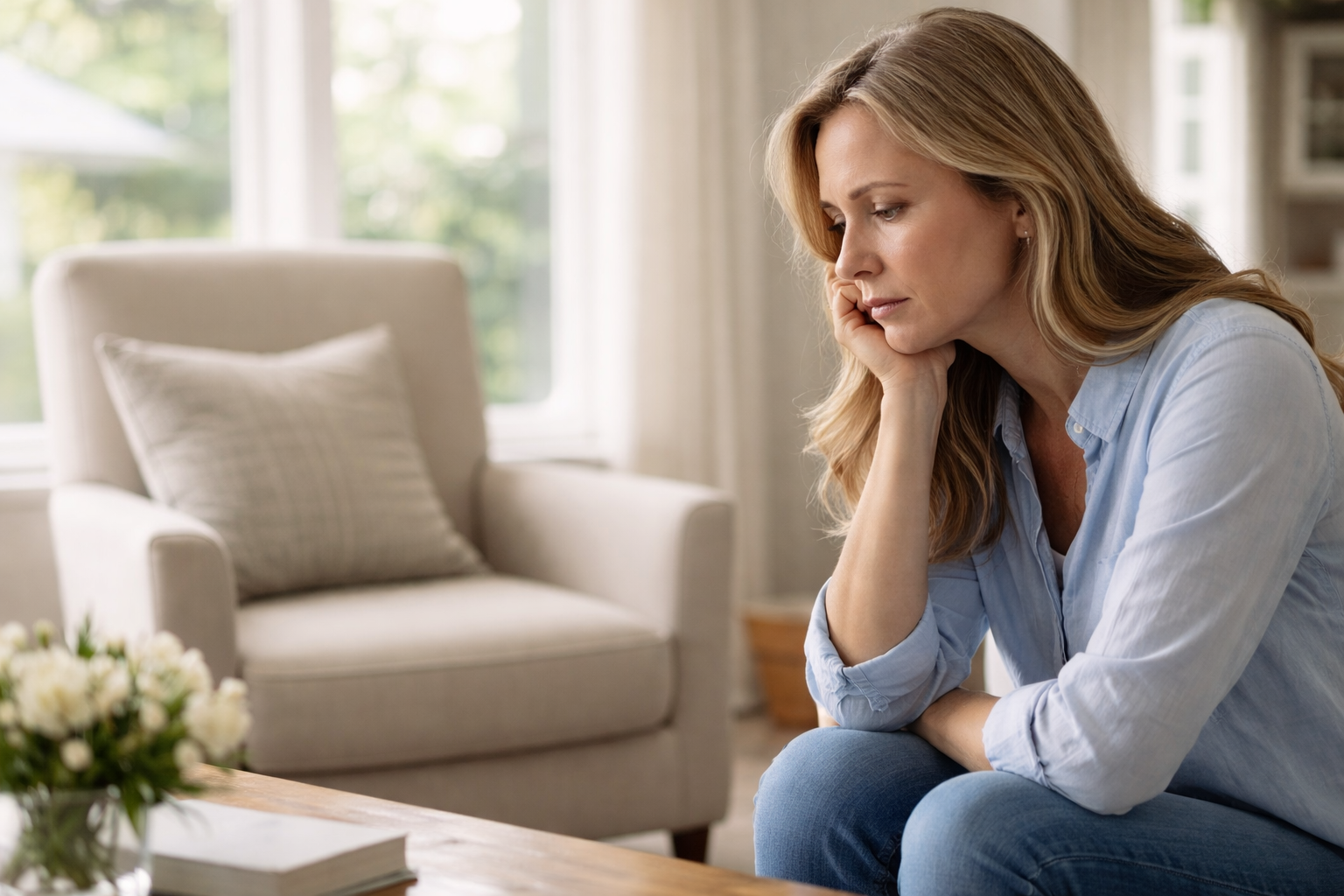Woman sitting alone in a living room looking toward an empty chair