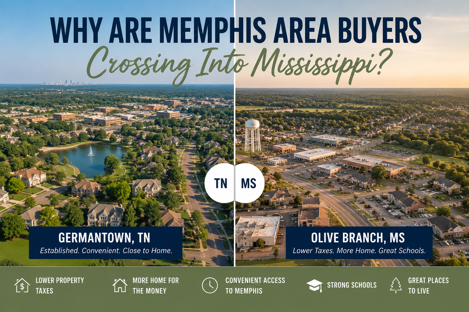 Aerial comparison of Germantown, Tennessee and Olive Branch, Mississippi showing why Memphis area buyers are moving to Mississippi for lower taxes, more home for the money, and convenient access to Memphis.