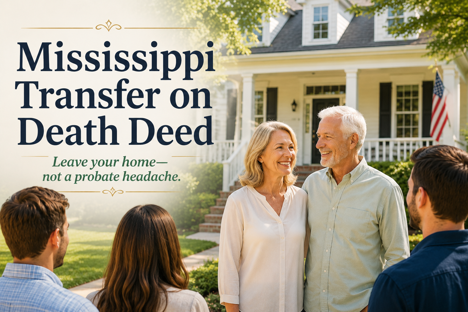Smiling Mississippi homeowners with their adult children in front of a family home, illustrating how a Mississippi Transfer on Death Deed can simplify the transfer of real estate to loved ones.